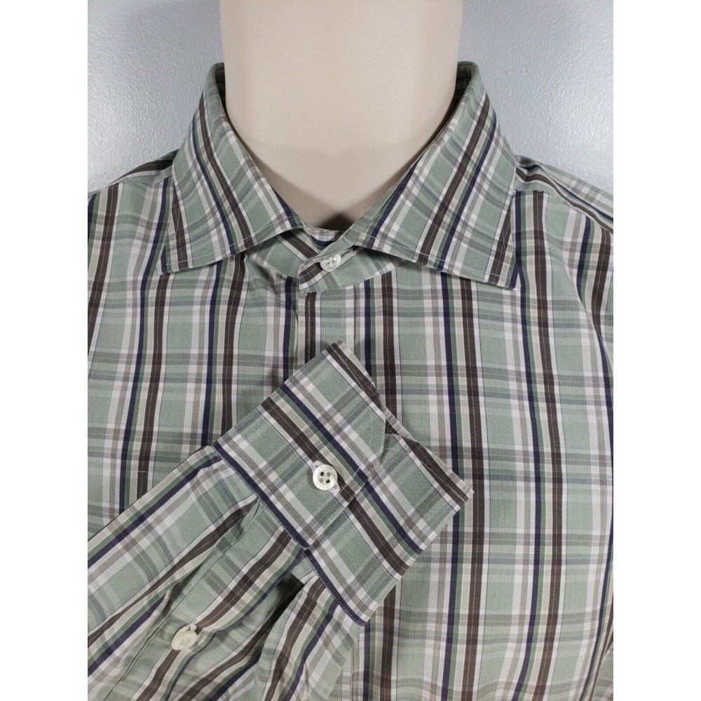Isaia Mens 16/41 Long Sleeve Button Down Shirt Light Green Brown Plaid